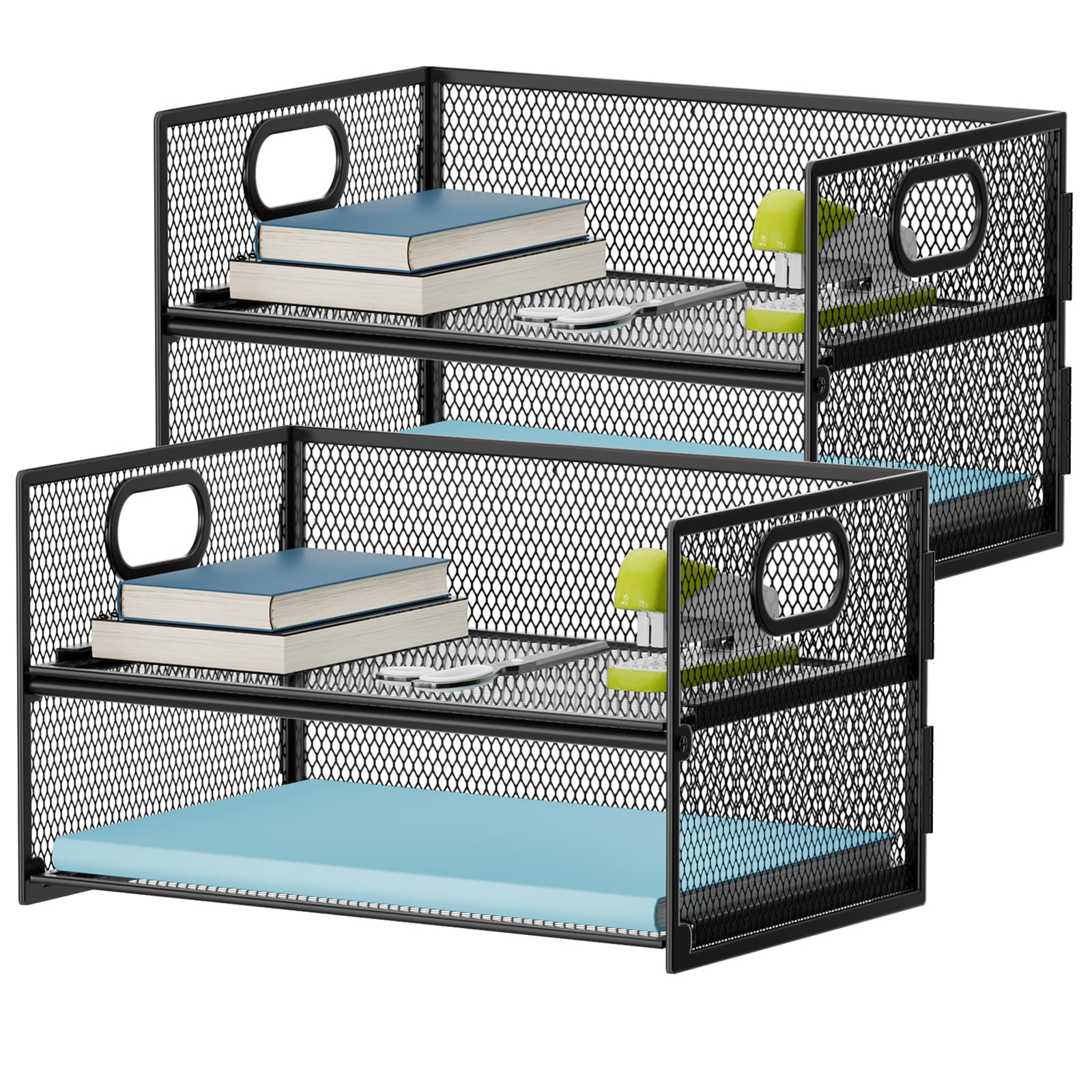 Two-Tier Mesh Paper Organizer with Handle - Black