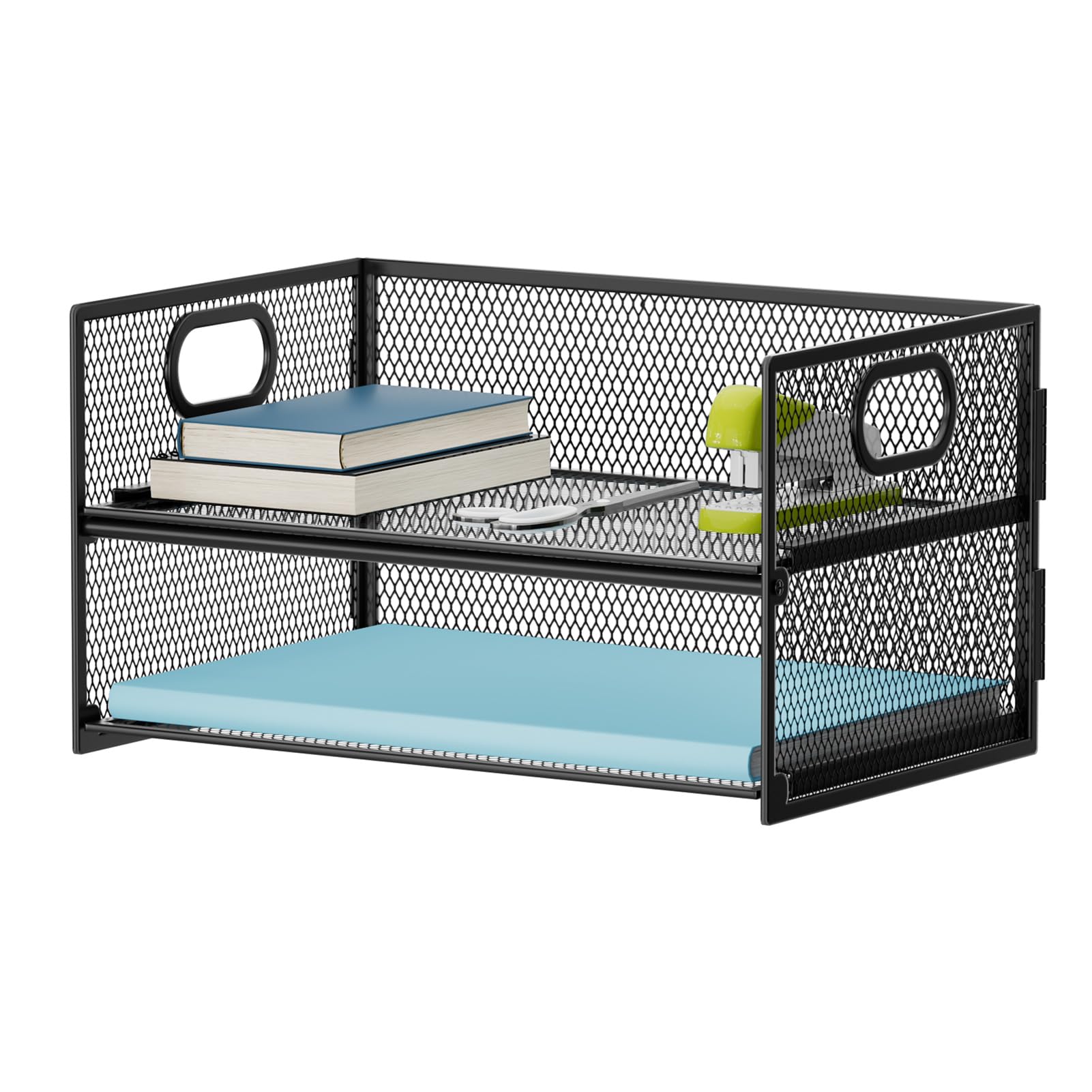 Two-Tier Mesh Paper Organizer with Handle - Black