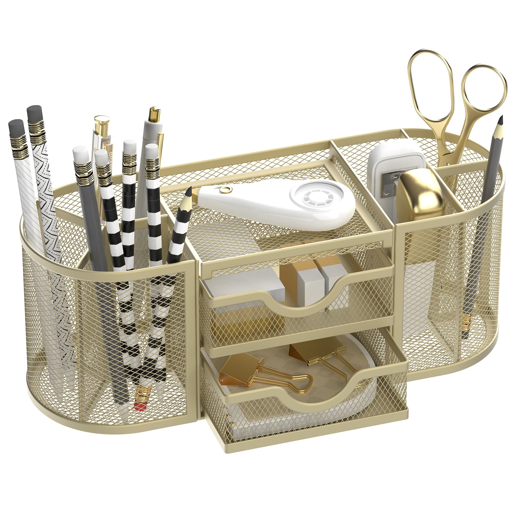 Golden Mesh Desk Organizer with Dual Drawers